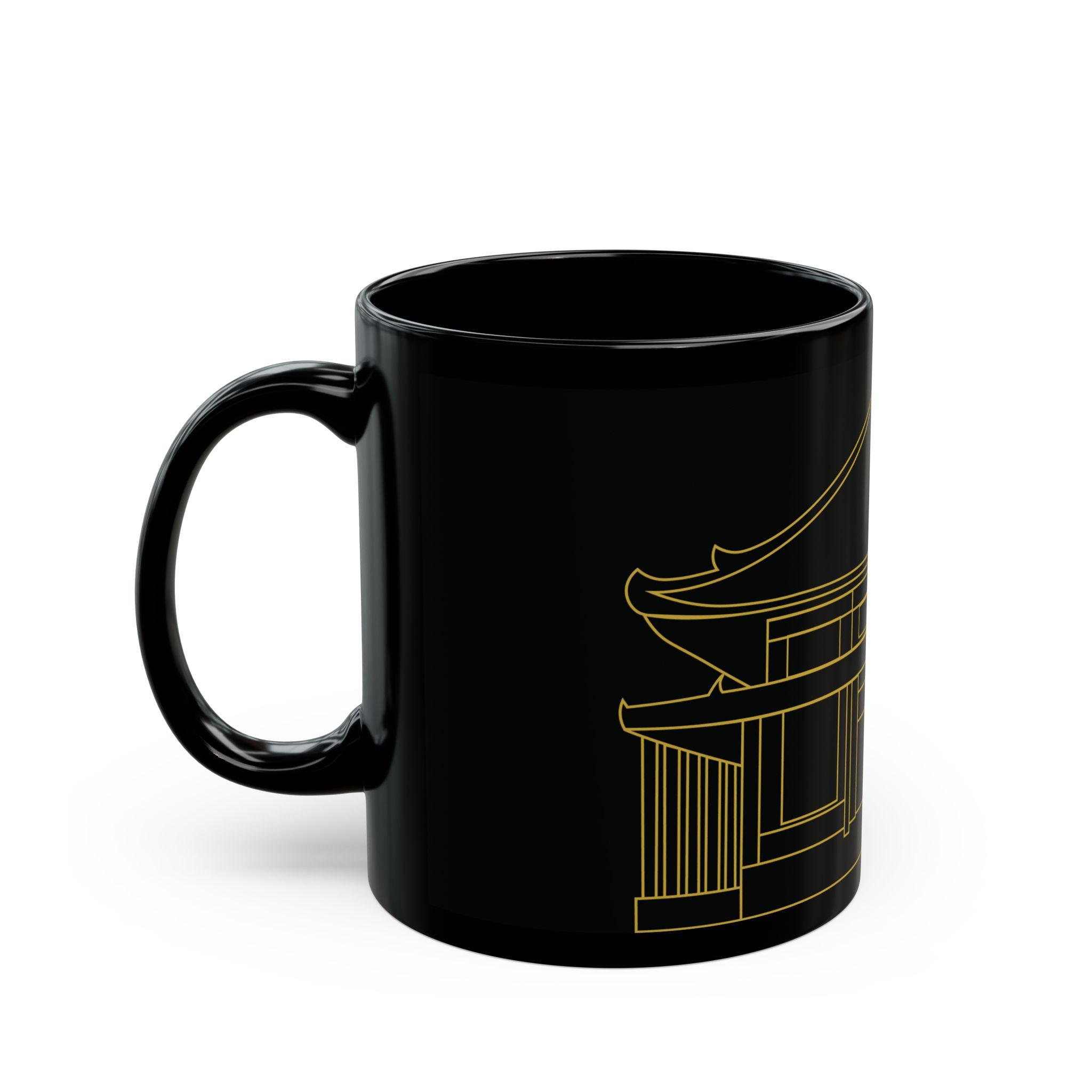Japanese Temple Black Mug | Gold Outline Design, Perfect Gift for Tea Lovers, Home Decor, Unique Kitchenware, Coffee Cup
