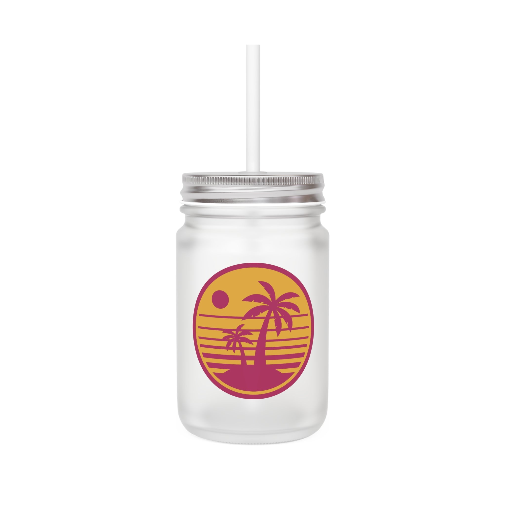 Sunset Palm Mason Jar with Straw - Tropical Drinkware for Summer Celebrations